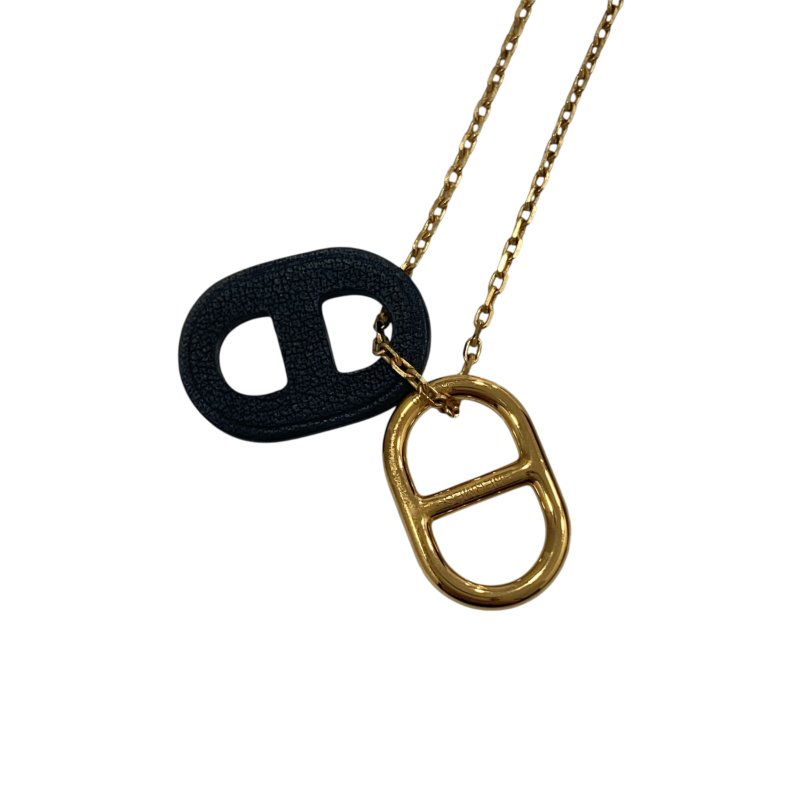 HERMES 豬鼻子吊飾項鍊 金色金屬 / 黑色皮革-1