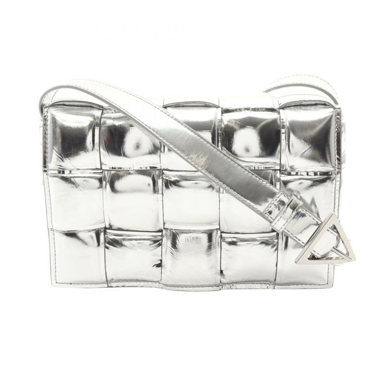 BOTTEGA VENETA 銀色皮革卡帶編織肩包(二手,女士款)-0