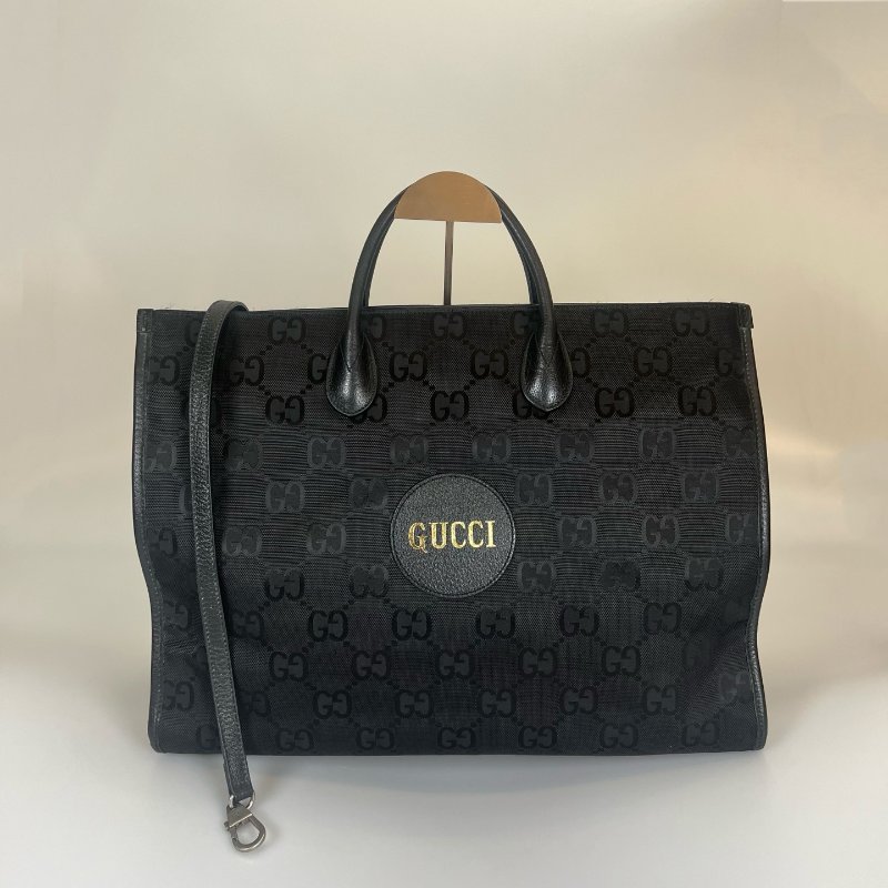 GUCCI  黑皮革滿版老花尼龍托特包-1