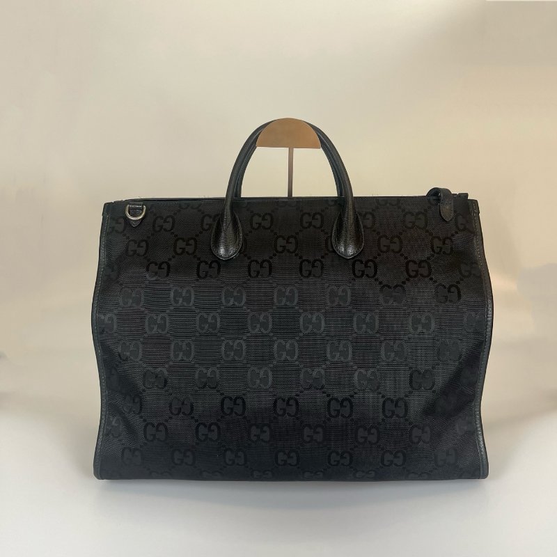 GUCCI  黑皮革滿版老花尼龍托特包-2