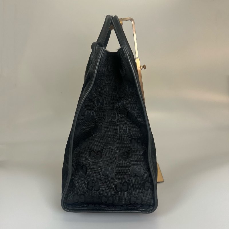 GUCCI  黑皮革滿版老花尼龍托特包-3