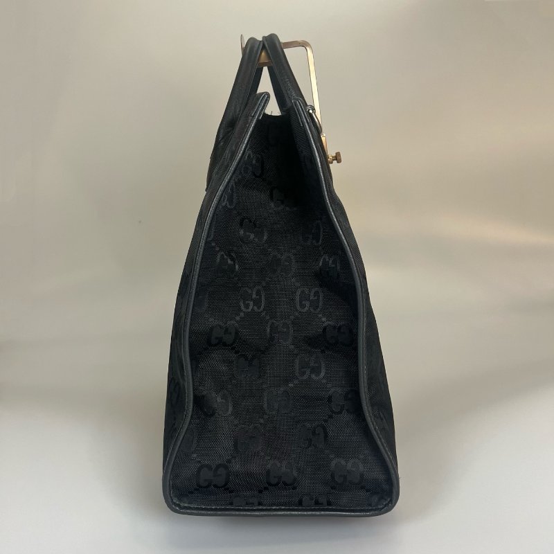 GUCCI  黑皮革滿版老花尼龍托特包-4