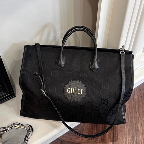 GUCCI  黑皮革滿版老花尼龍托特包