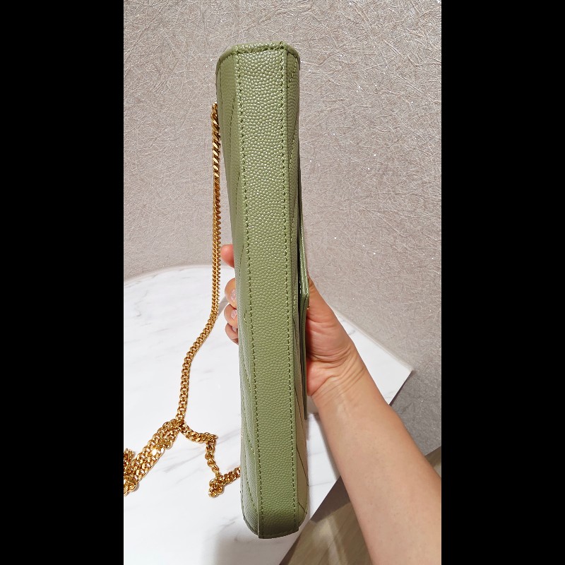 YSL V字縫線魚子醬牛皮金LOGO斜肩/橄欖綠-7