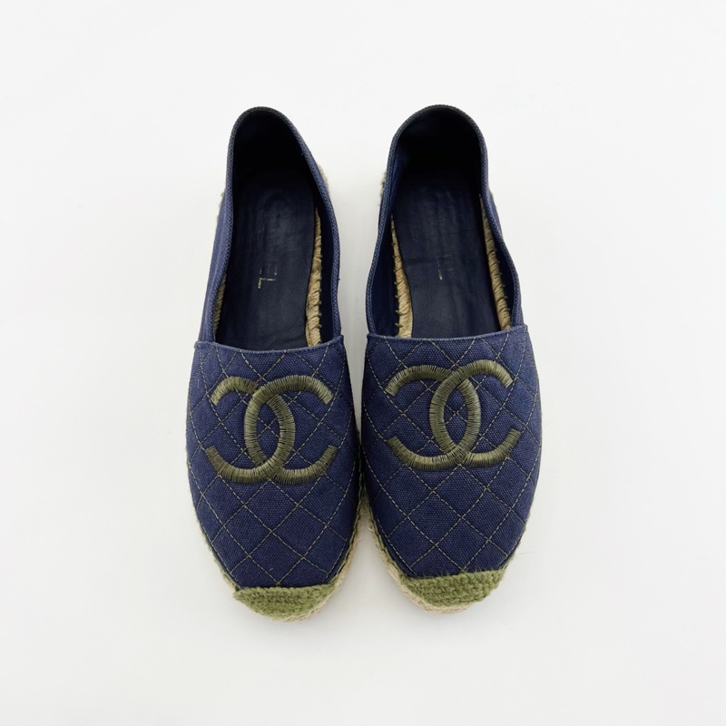 95新Chanel香奈兒/藍色經典雙C菱格紋漁夫鞋/39碼-1
