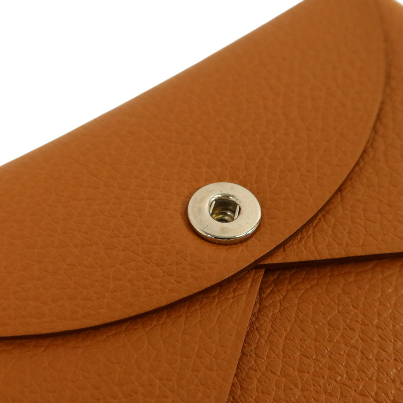 HERMES Evercolor皮革Calvi銀扣卡片套Gold-14