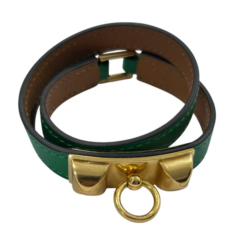 HERMES COLLIER DE CHIEN 手環 金色金屬 / 綠色皮革-0