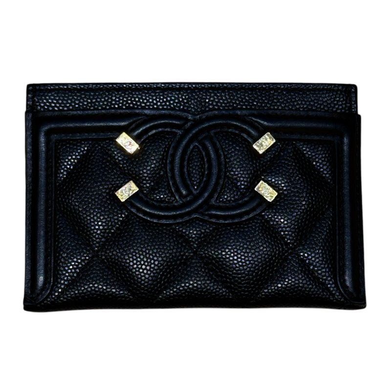 CHANEL 香奈兒 A81457 CC Filigree 荔枝牛皮 卡片夾 黑色 淡金釦-0