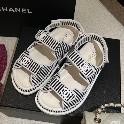 Chanel 經典涼鞋/黑白條紋 魔鬼氈 ⭐️全新