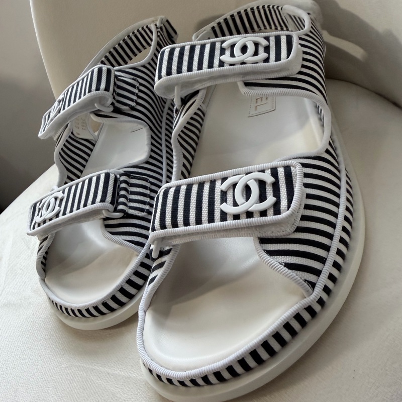 Chanel 經典涼鞋/黑白條紋 魔鬼氈 ⭐️全新-7