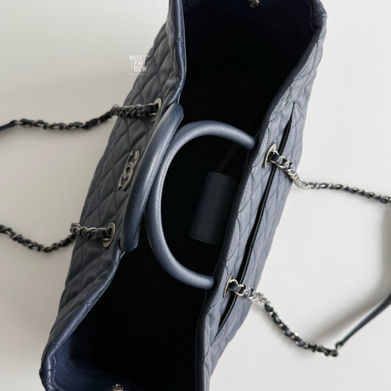 95新💙 保卡款 Chanel 香奈兒 托特包深藍色銀釦-4