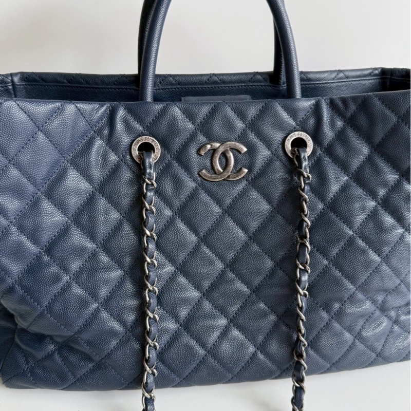 95新💙 保卡款 Chanel 香奈兒 托特包深藍色銀釦-6