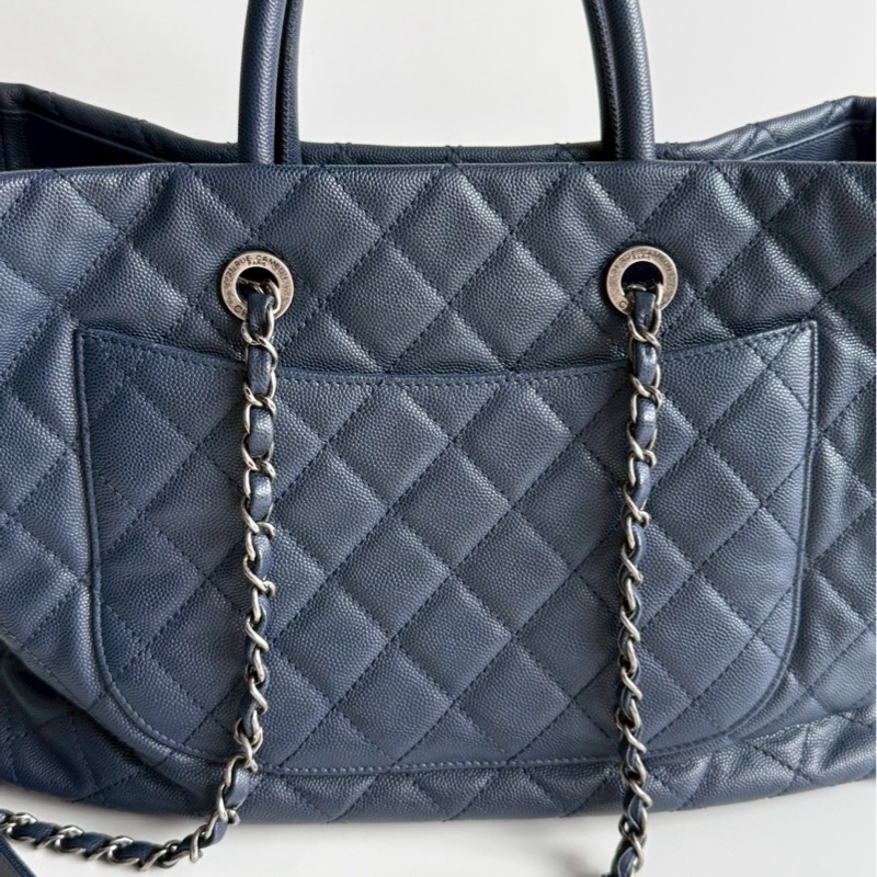 95新💙 保卡款 Chanel 香奈兒 托特包深藍色銀釦-7