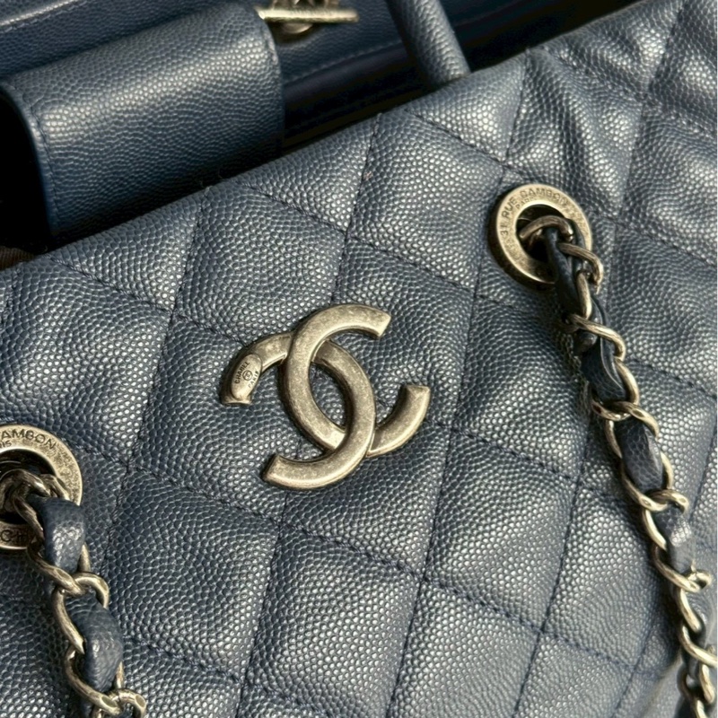 95新💙 保卡款 Chanel 香奈兒 托特包深藍色銀釦-12