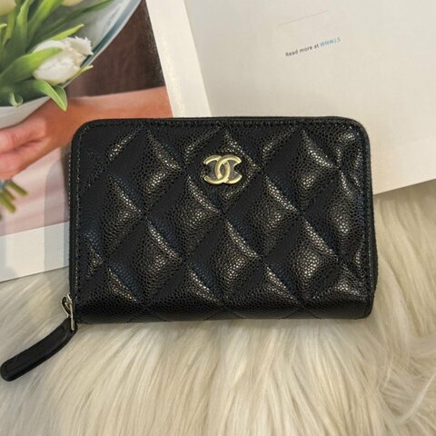 全新 香奈兒 黑淡金拉鍊卡包