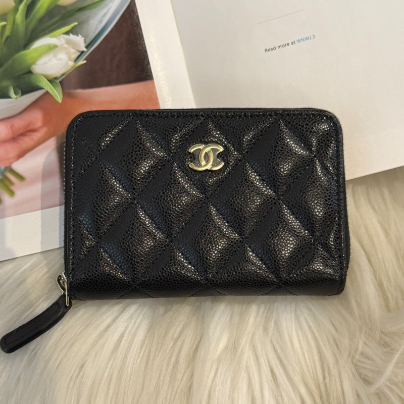 全新 香奈兒 黑淡金拉鍊卡包-0