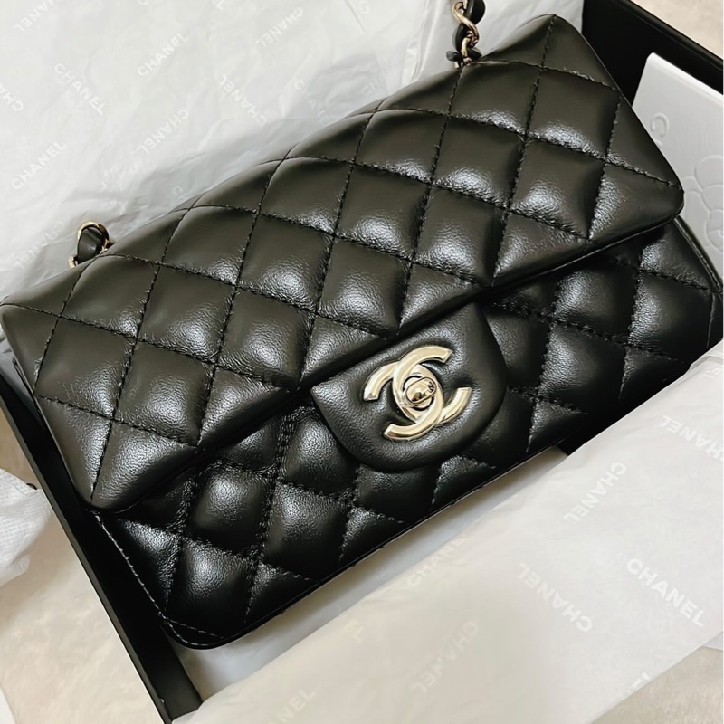 Chanel CF20 口蓋包大Mini 羊皮黑淡金扣 晶片款大全配98新-0