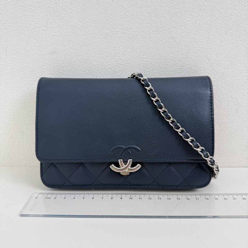 CHANEL/香奈兒 藍色菱格拼接單肩包 銀扣 尺寸:19*12cm-1