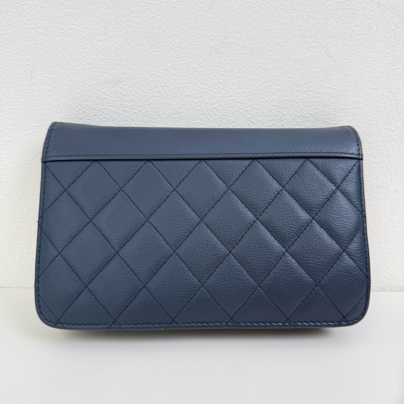 CHANEL/香奈兒 藍色菱格拼接單肩包 銀扣 尺寸:19*12cm-2