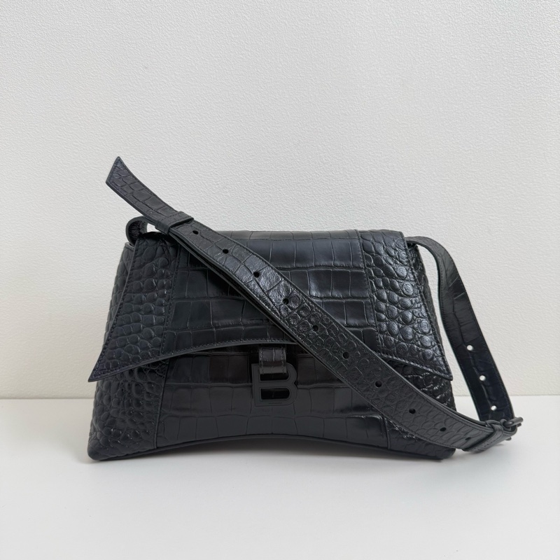 巴黎世家/Balenciaga Downtown黑色鰐魚紋壓花牛皮革單肩包 黑色亞光金屬-0