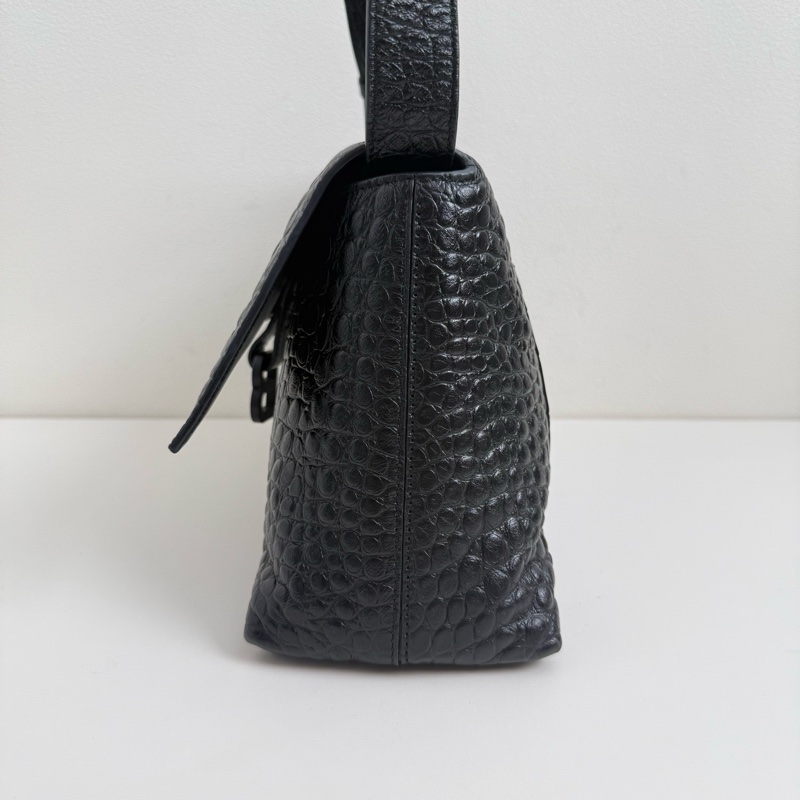巴黎世家/Balenciaga Downtown黑色鰐魚紋壓花牛皮革單肩包 黑色亞光金屬-3
