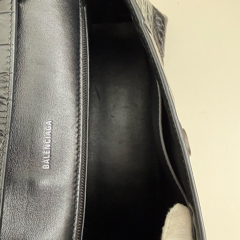 巴黎世家/Balenciaga Downtown黑色鰐魚紋壓花牛皮革單肩包 黑色亞光金屬-8