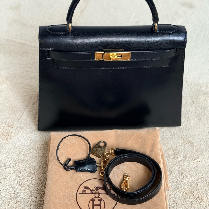Vintage愛馬仕凱莉包 外縫Kelly 28 黑金 box 配件齊全-0