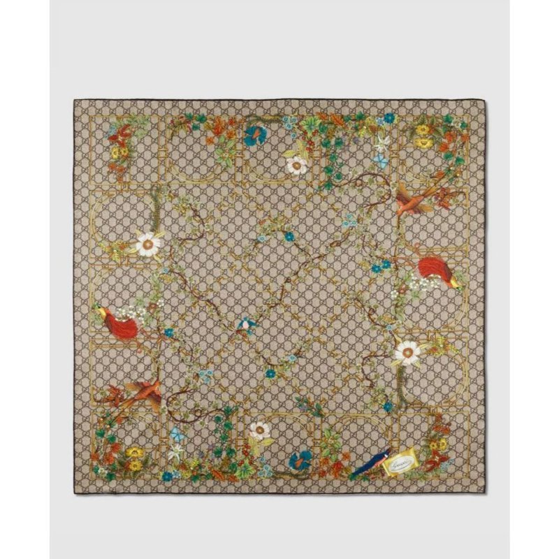 GUCCI 古馳 印花桑蠶絲斜紋方巾~95新閒置品-3