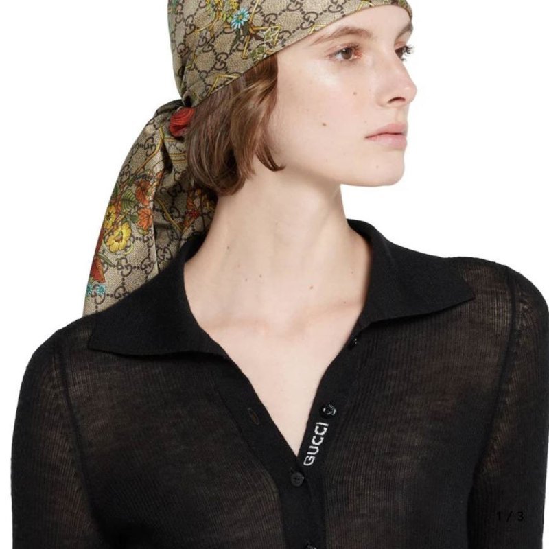 GUCCI 古馳 印花桑蠶絲斜紋方巾~95新閒置品-6
