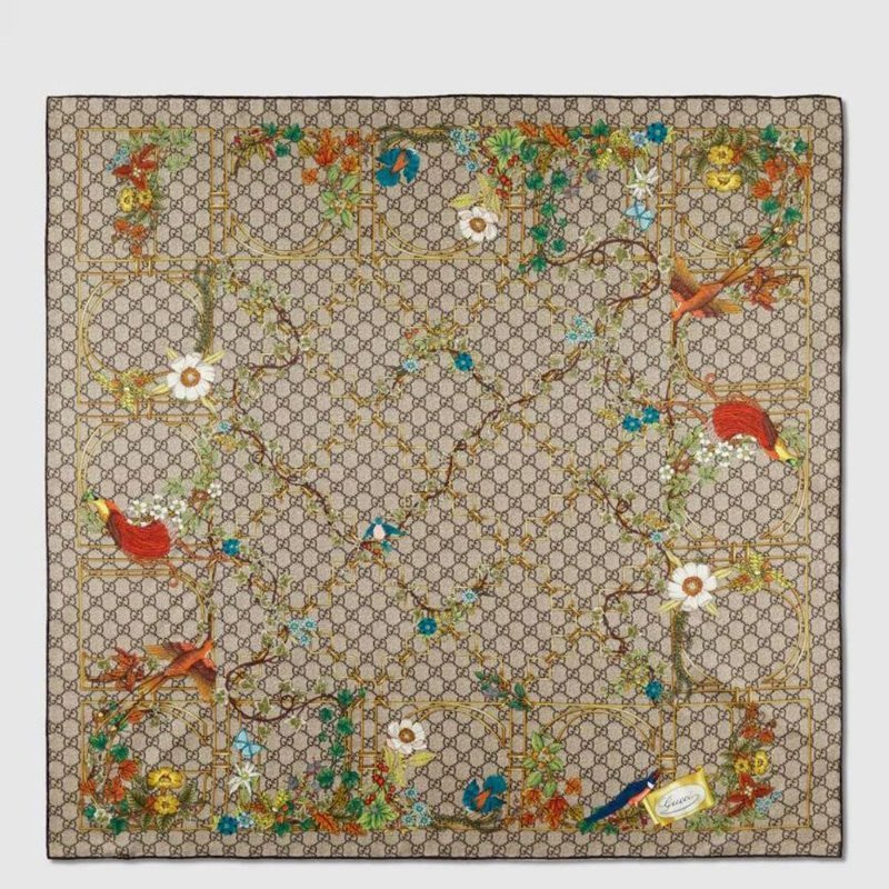 GUCCI 古馳 印花桑蠶絲斜紋方巾~95新閒置品-13