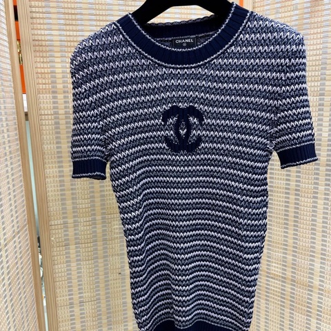 Chanel 香奈兒 針織短袖白色藏藍條紋針織衫 經典雙Clogo設計 38碼
