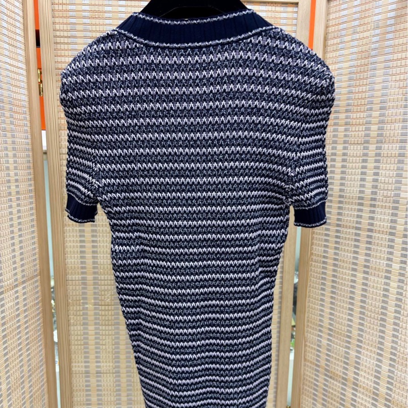 Chanel 香奈兒 針織短袖白色藏藍條紋針織衫 經典雙Clogo設計 38碼-1