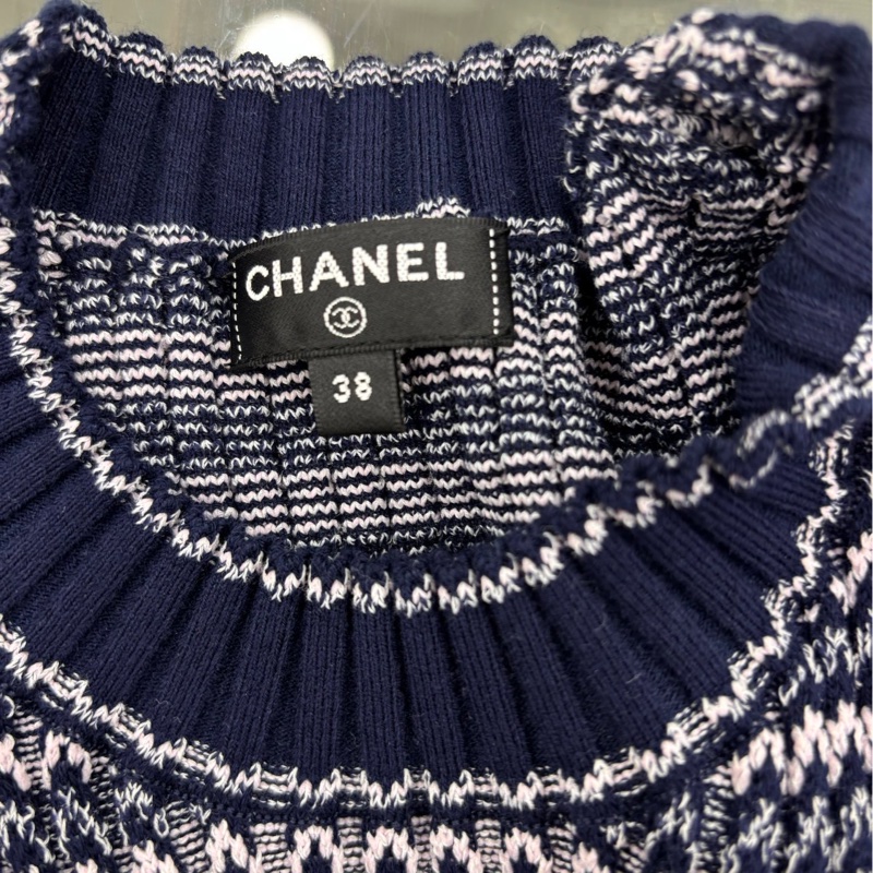 Chanel 香奈兒 針織短袖白色藏藍條紋針織衫 經典雙Clogo設計 38碼-3