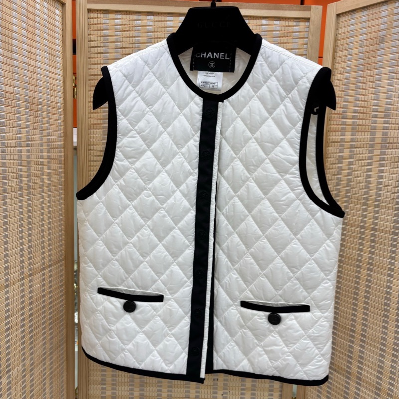 Chanel/香奈兒 白色黑邊小香風 菱格輕羽絨馬甲 36碼-0