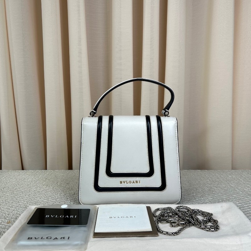 寶格麗BVLGARI黑白拼色蛇頭風琴包 銀色鏈條肩帶 可單肩可斜挎 容量實用 日常通勤百搭氣質款-1