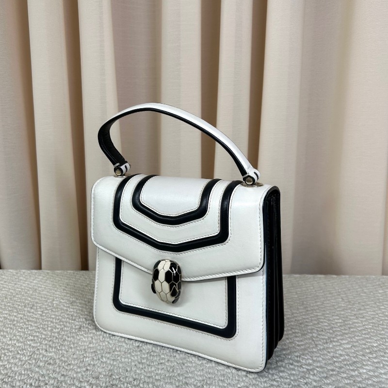 寶格麗BVLGARI黑白拼色蛇頭風琴包 銀色鏈條肩帶 可單肩可斜挎 容量實用 日常通勤百搭氣質款-3