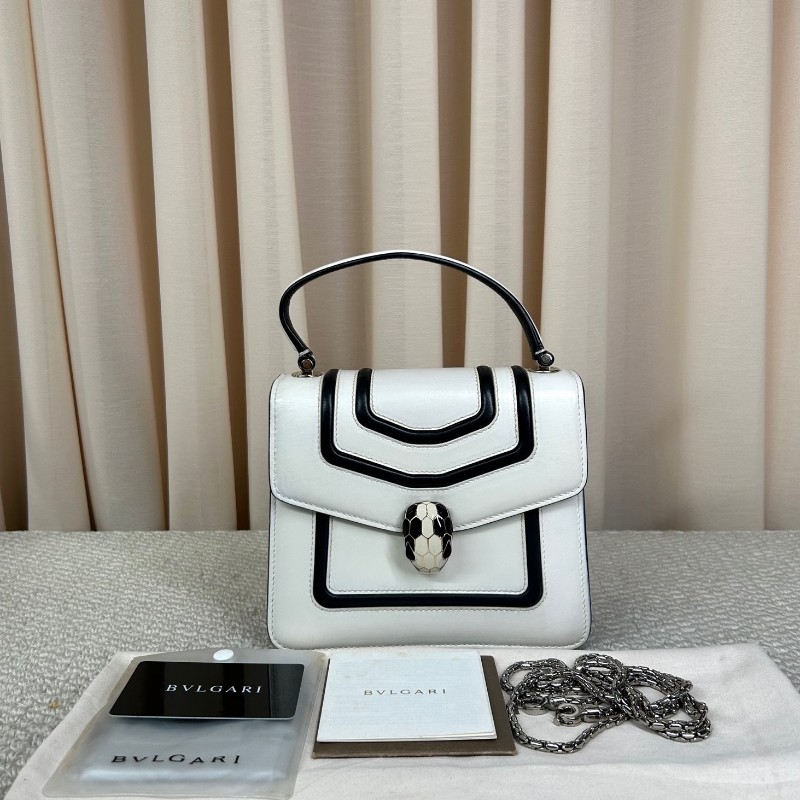 寶格麗BVLGARI黑白拼色蛇頭風琴包 銀色鏈條肩帶 可單肩可斜挎 容量實用 日常通勤百搭氣質款-5