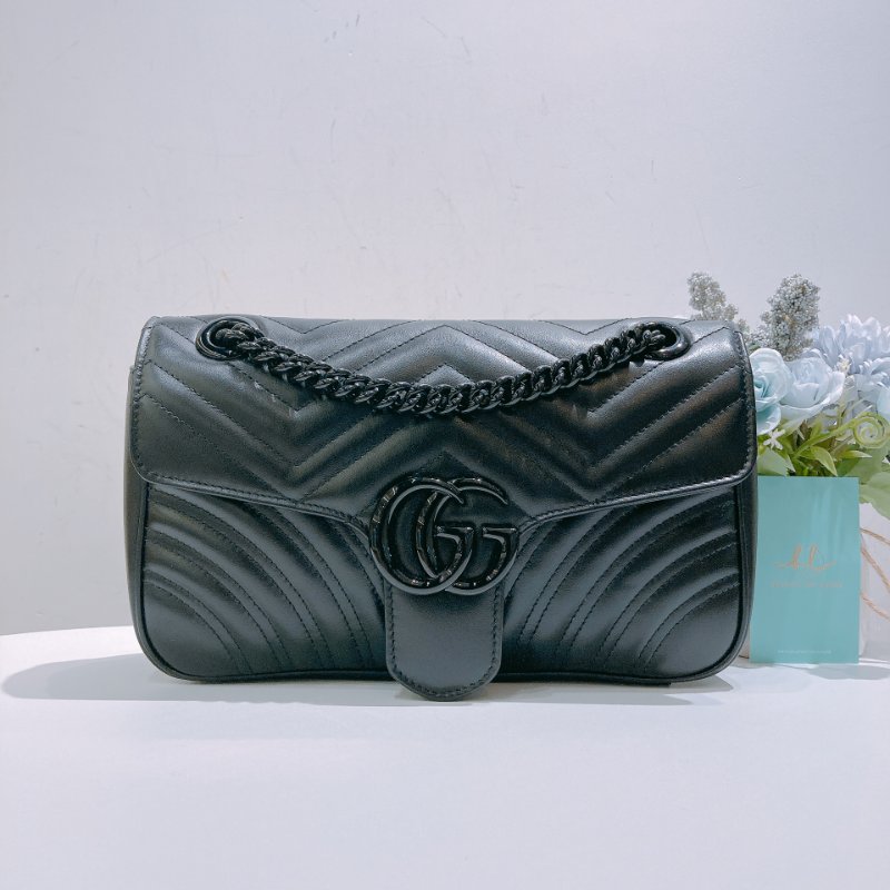 TW4788  Gucci 古馳 全黑Logo單肩/斜背袋GG Marmont Medium Shoulder Bag So Black-0