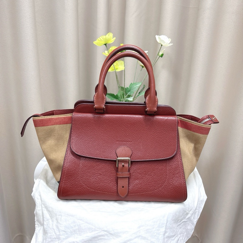 98新 Burberry巴寶莉 經典款棕色帆布拼皮 手提包 缺肩帶-0