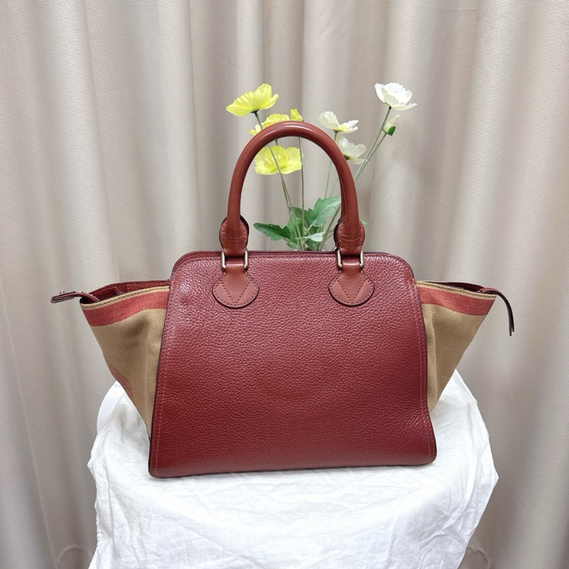 98新 Burberry巴寶莉 經典款棕色帆布拼皮 手提包 缺肩帶-1