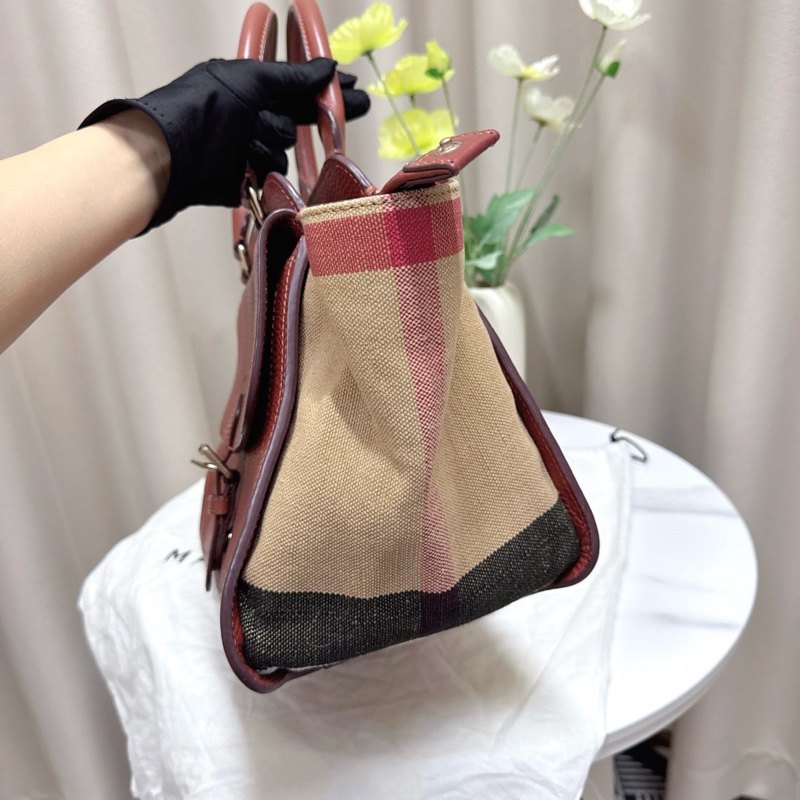 98新 Burberry巴寶莉 經典款棕色帆布拼皮 手提包 缺肩帶-2