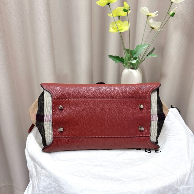 98新 Burberry巴寶莉 經典款棕色帆布拼皮 手提包 缺肩帶-4