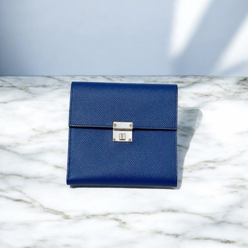 莉亞精品♡Hermes 三折短夾 藍銀 #C刻 二手美夾-0