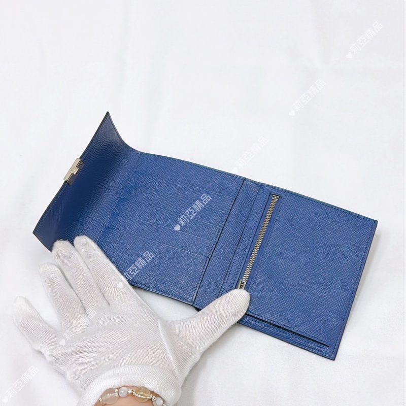 莉亞精品♡Hermes 三折短夾 藍銀 #C刻 二手美夾-11