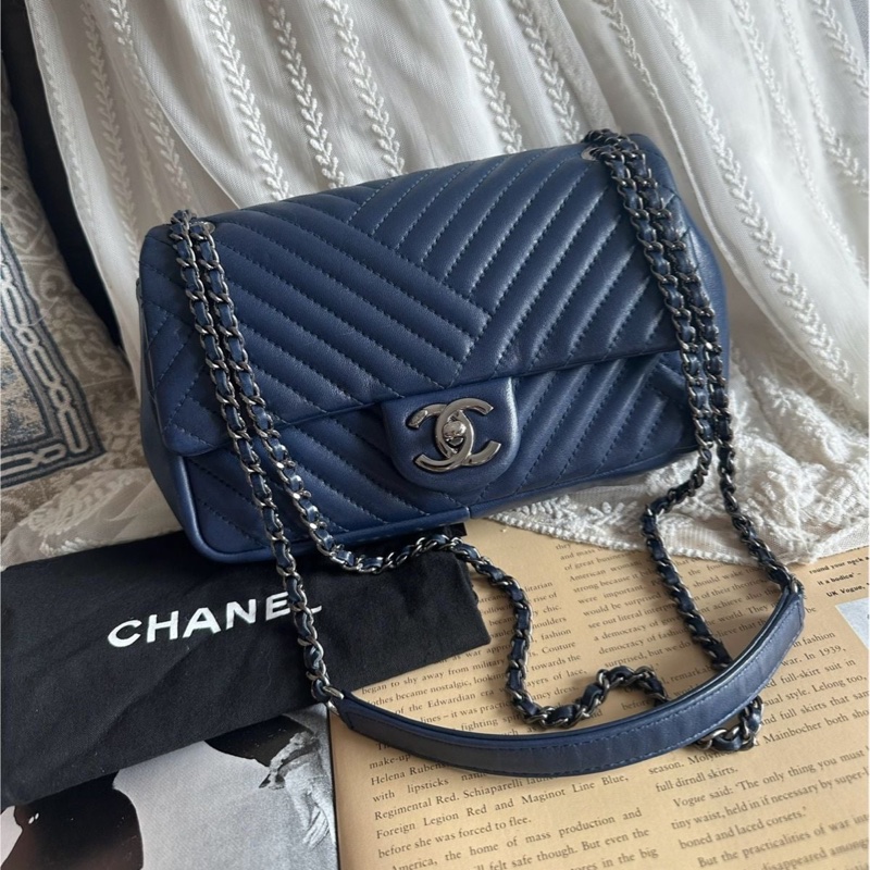 香奈兒單蓋包 鏈條包 肩背包 腋下包 斜背包 香奈兒 深藍色 中古包 二手包 Chanel single flap navy chain  shoulder bag /crossbody bag-5
