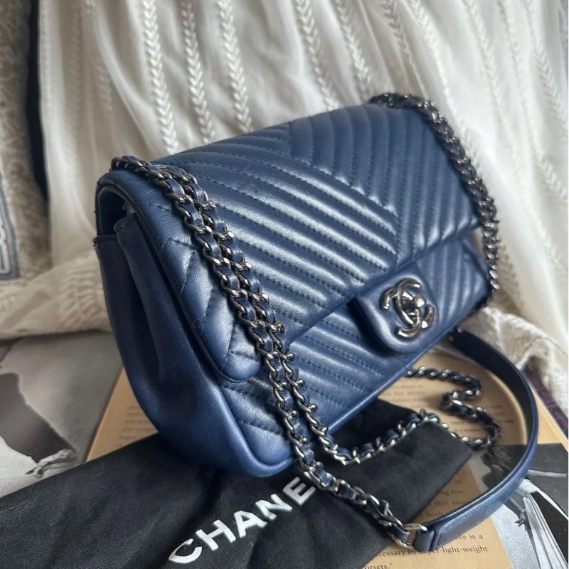 香奈兒單蓋包 鏈條包 肩背包 腋下包 斜背包 香奈兒 深藍色 中古包 二手包 Chanel single flap navy chain  shoulder bag /crossbody bag-11