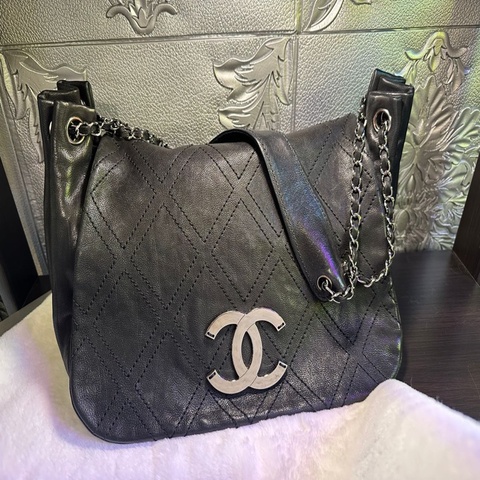 香奈兒單蓋包 黑色菱格紋 大CC Logo鍊條包 鏈條包 肩背包 腋下包 香奈兒 黑色牛皮 中古包 二手包 chanel black calf leather flap chain bag phw