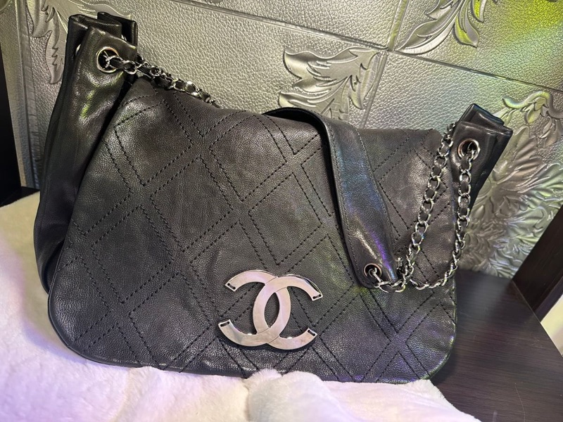 香奈兒單蓋包 黑色菱格紋 大CC Logo鍊條包 鏈條包 肩背包 腋下包 香奈兒 黑色牛皮 中古包 二手包 chanel black calf leather flap chain bag phw-2