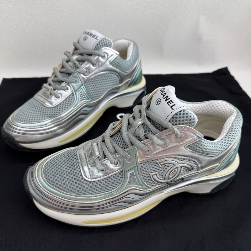 CHANEL香奈兒 徽標系帶 減震耐磨 低幫 生活休閒鞋 女款 銀角大王 灰藍配色 38碼-0