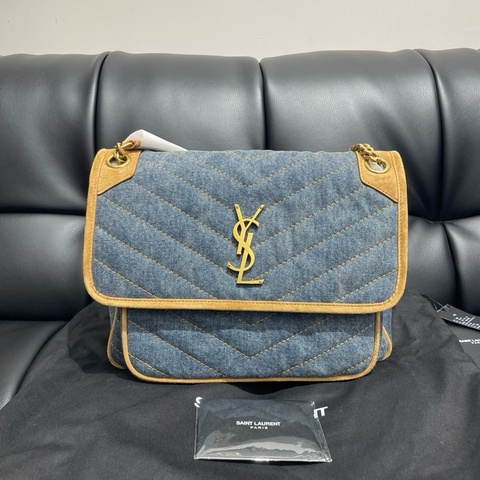 聖羅蘭｜YSL Niki牛仔麂皮中號 丹寧金扣
